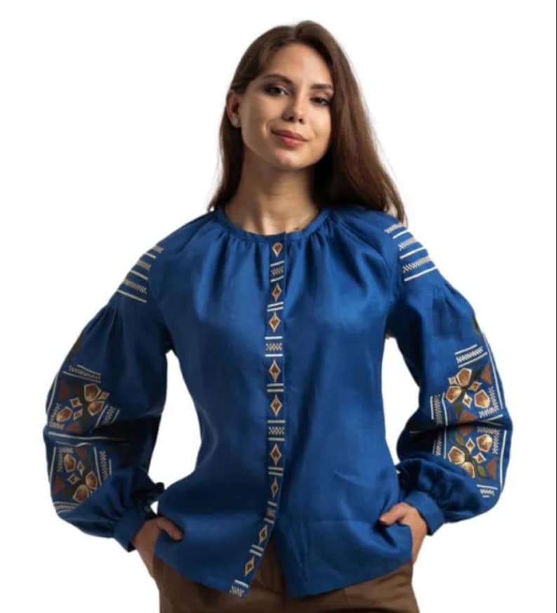 Blue Linen Embroidered Blouse for Women with Traditional Folk Pattern – Handmade Ethnic Shirt with Long Sleeves and Elegant Ukrainian Style