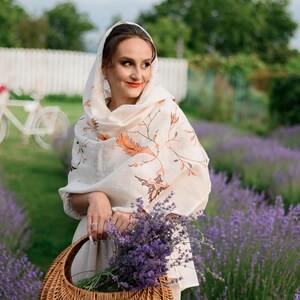 Ivory Linen Embroidered Scarf with Autumn Leaves – Lightweight Floral Shawl Wrap for Women, Modest Head Covering for Prayer or Fall