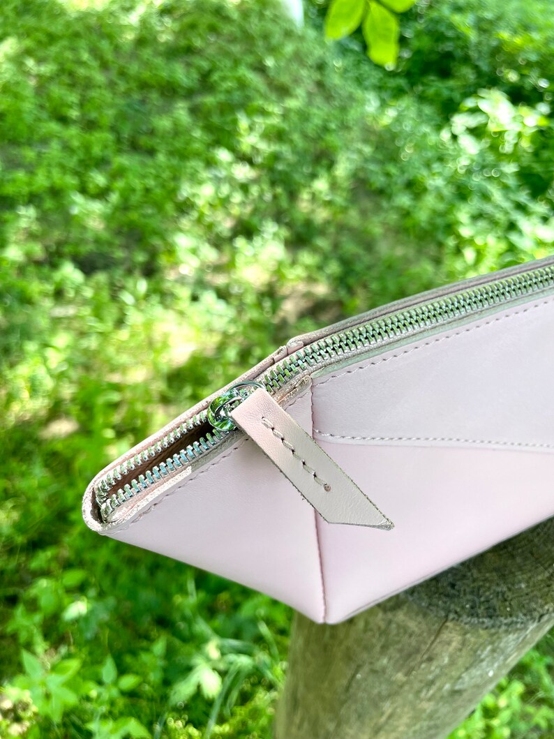 Handmade blush pink leather cosmetic bag