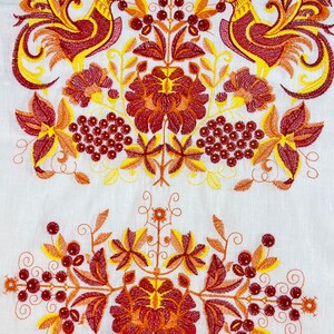 Traditional Ukrainian Rushnyk, Embroidered Linen Ritual Towel with Folk Birds and Floral Motifs, Red Crochet Edge