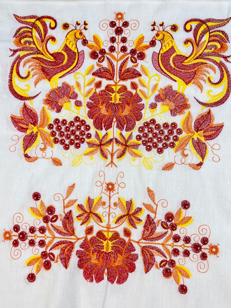 Traditional Ukrainian Rushnyk, Embroidered Linen Ritual Towel with Folk Birds and Floral Motifs, Red Crochet Edge