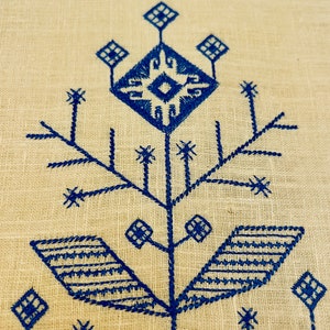 Puede incluir: Primer plano de un textil beige con un dise&ntilde;o bordado azul detallado. El dise&ntilde;o presenta formas geom&eacute;tricas, incluidos diamantes y elementos florales estilizados, creando un patr&oacute;n sim&eacute;trico. El bordado est&aacute; hecho con un hilo grueso.