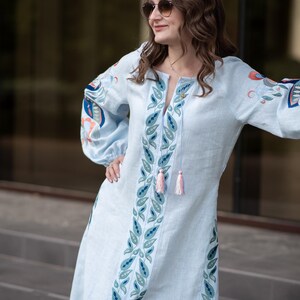 Light Blue Linen Embroidered Ukrainian Vyshyvanka Dress with Leaf Motifs, Tassel Belt and Front Slit – Boho Folk Midi with Balloon Sleeves