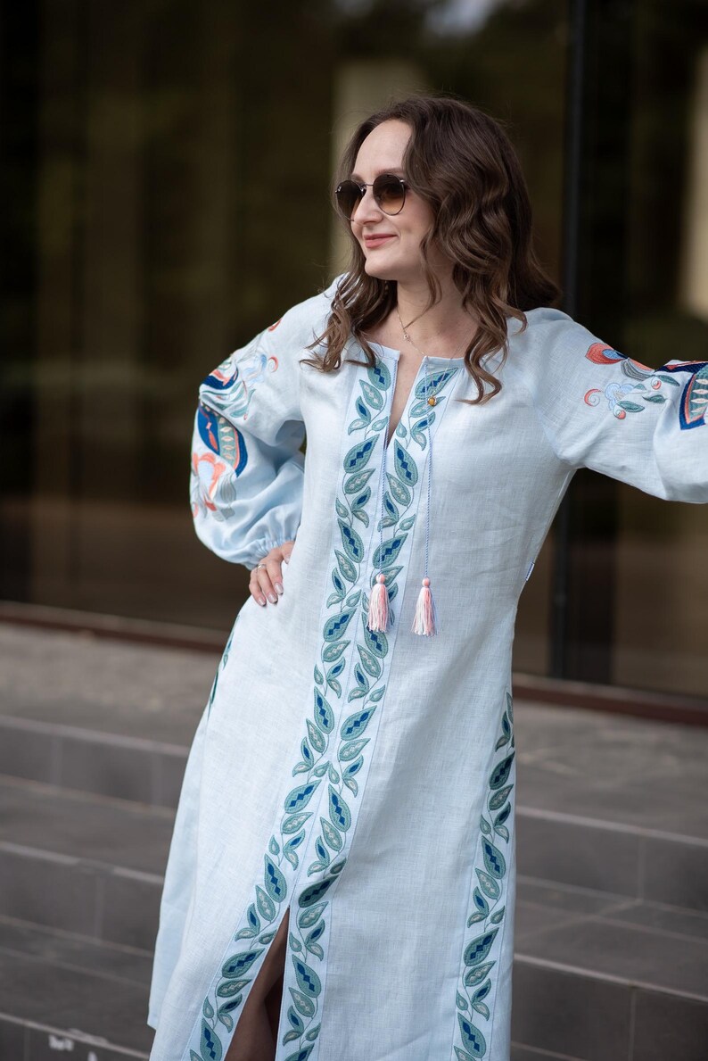 Light Blue Linen Embroidered Ukrainian Vyshyvanka Dress with Leaf Motifs, Tassel Belt and Front Slit – Boho Folk Midi with Balloon Sleeves