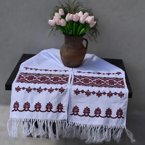 White Cotton Slavic Embroidered Towel with Red Black Geometric Cross Stitch and Fringe – Traditional Ukrainian Rushnyk Decor for Rituals