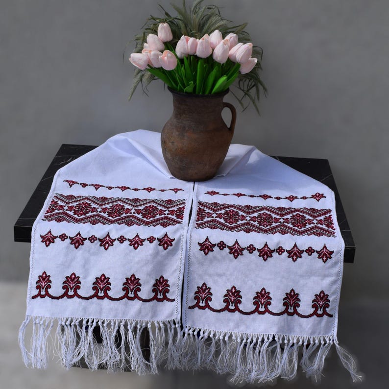 White Cotton Slavic Embroidered Towel with Red Black Geometric Cross Stitch and Fringe – Traditional Ukrainian Rushnyk Decor for Rituals