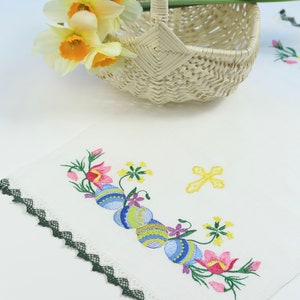 Embroidered Easter basket cover linen towel with cross and floral motifs, Lace edge Pascha cloth, Spring table decor handmade gift
