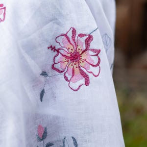 White Linen Embroidered Floral Scarf – Lightweight Handcrafted Shawl with Pink and Yellow Flowers, Elegant Head or Shoulder Wrap