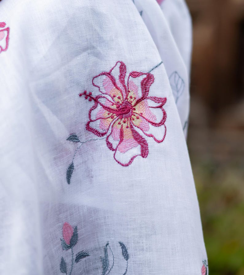 White Linen Embroidered Floral Scarf – Lightweight Handcrafted Shawl with Pink and Yellow Flowers, Elegant Head or Shoulder Wrap