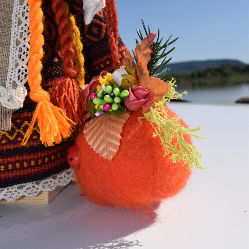 Handmade ukrainian motanka doll in traditional costume, Slavic folk rag art with floral wreath, Harvest pumpkin accessory, Home decor gift