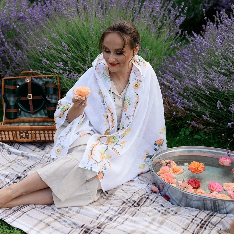 Linen Shawl with Floral Embroidery – White Embroidered Scarf with Peach Flowers, Folk Botanical Wrap