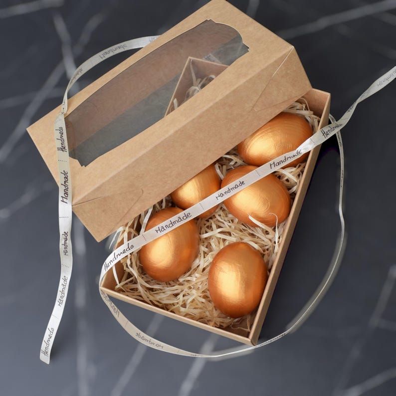 Set of 6 decorative wooden eggs hand painted in shiny gold finish
