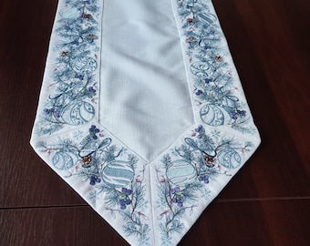 Xmas embroidered blue table runner, Scandi blue runner, Christmas decor, Xmas table set, Runner with embroidered Xmas tree branch with balls