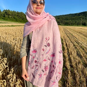 Pink linen embroidered scarf with wildflower pattern for women, lightweight floral head covering or shawl for spring and summer styling