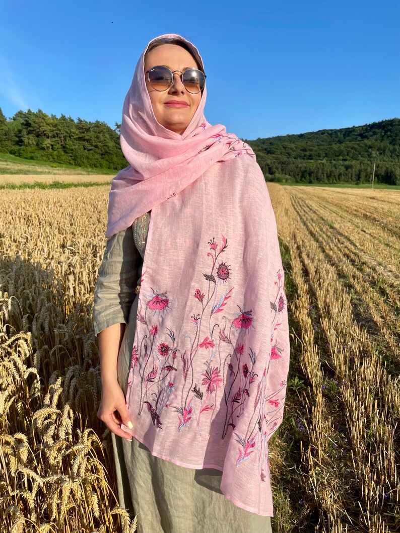 Pink linen embroidered scarf with wildflower pattern for women, lightweight floral head covering or shawl for spring and summer styling