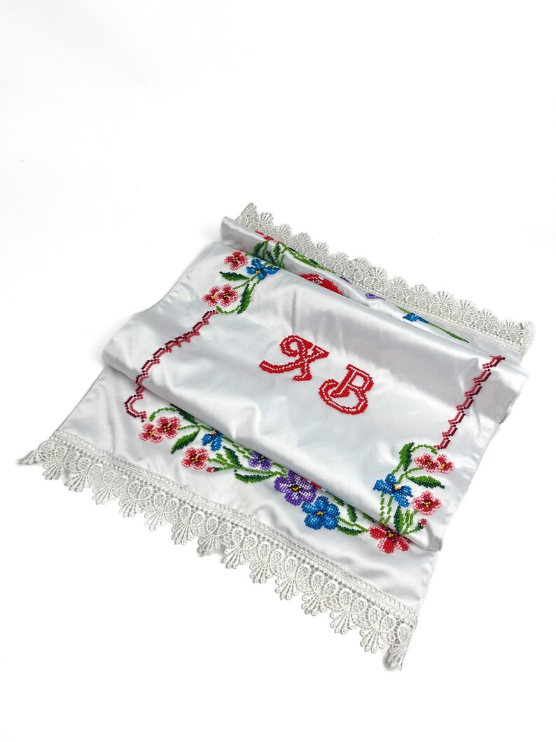 Beaded Satin Easter Basket Cover with Floral Embroidery and Red Pysanka Design, Handcrafted Christian Holiday Decor with Cyrillic Letters