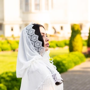 White hooded chapel veil with scalloped lace trim, Catholic prayer hood for mass and worship, Modest church head covering for women