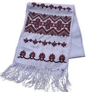 White Cotton Slavic Embroidered Towel with Red Black Geometric Cross Stitch and Fringe – Traditional Ukrainian Rushnyk Decor for Rituals
