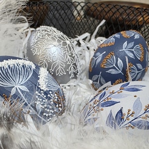 Blue and silver hand painted decorative egg set of 4, Textured botanical eggs, Artisan spring home decor