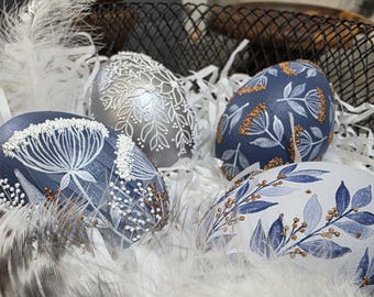 Blue and silver hand painted decorative egg set of 4, Textured botanical eggs, Artisan spring home decor