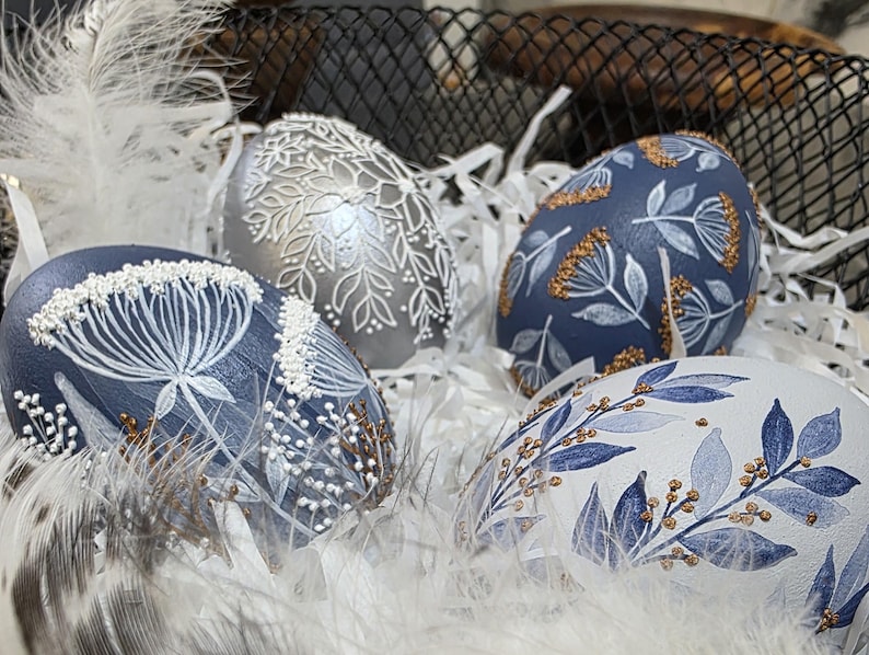 Blue and silver hand painted decorative egg set of 4, Textured botanical eggs, Artisan spring home decor