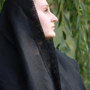 Mantilla church veil black head scarf with lace trim for women, Traditional orthodox catholic prayer shawl for worship and modest wear