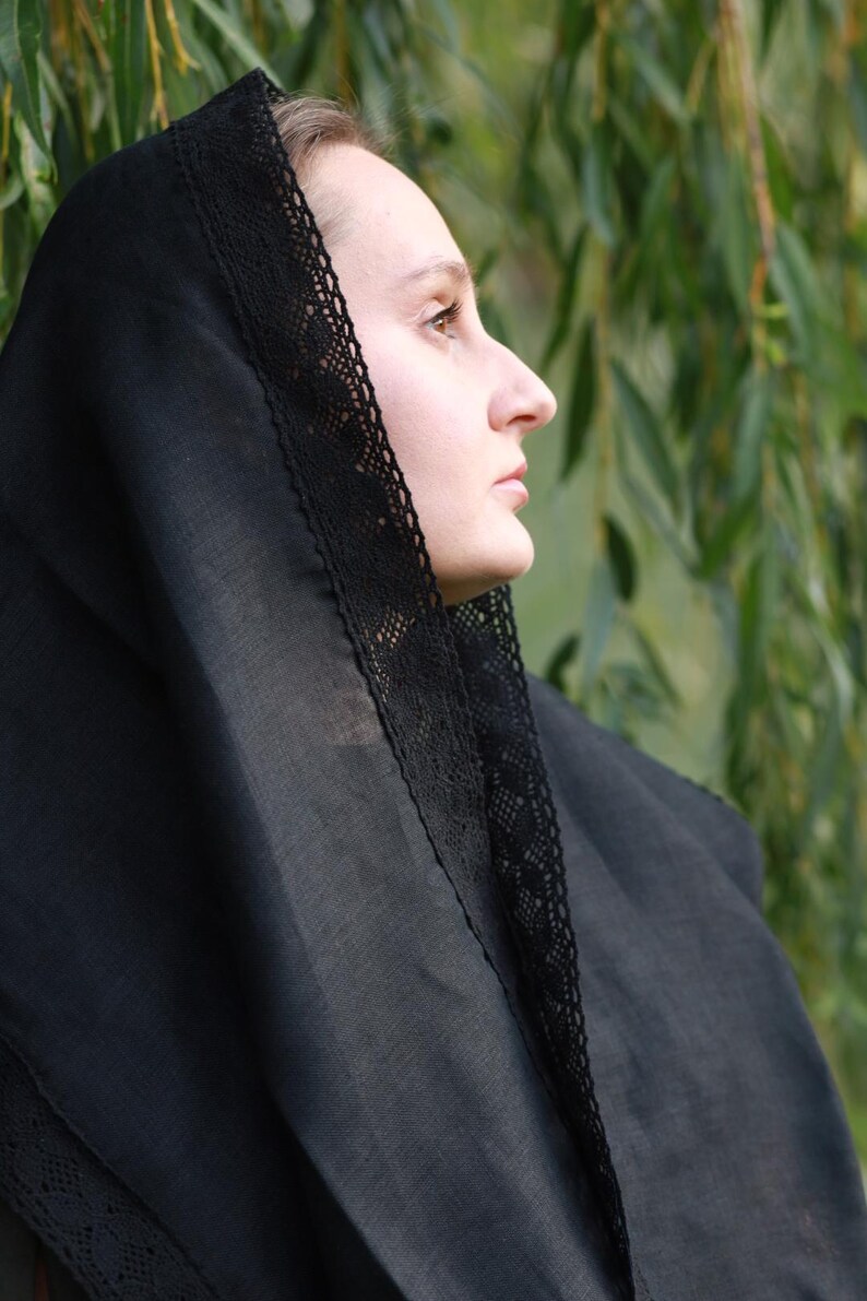 Mantilla church veil black head scarf with lace trim for women, Traditional orthodox catholic prayer shawl for worship and modest wear