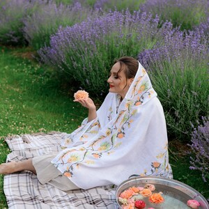Linen Shawl with Floral Embroidery – White Embroidered Scarf with Peach Flowers, Folk Botanical Wrap