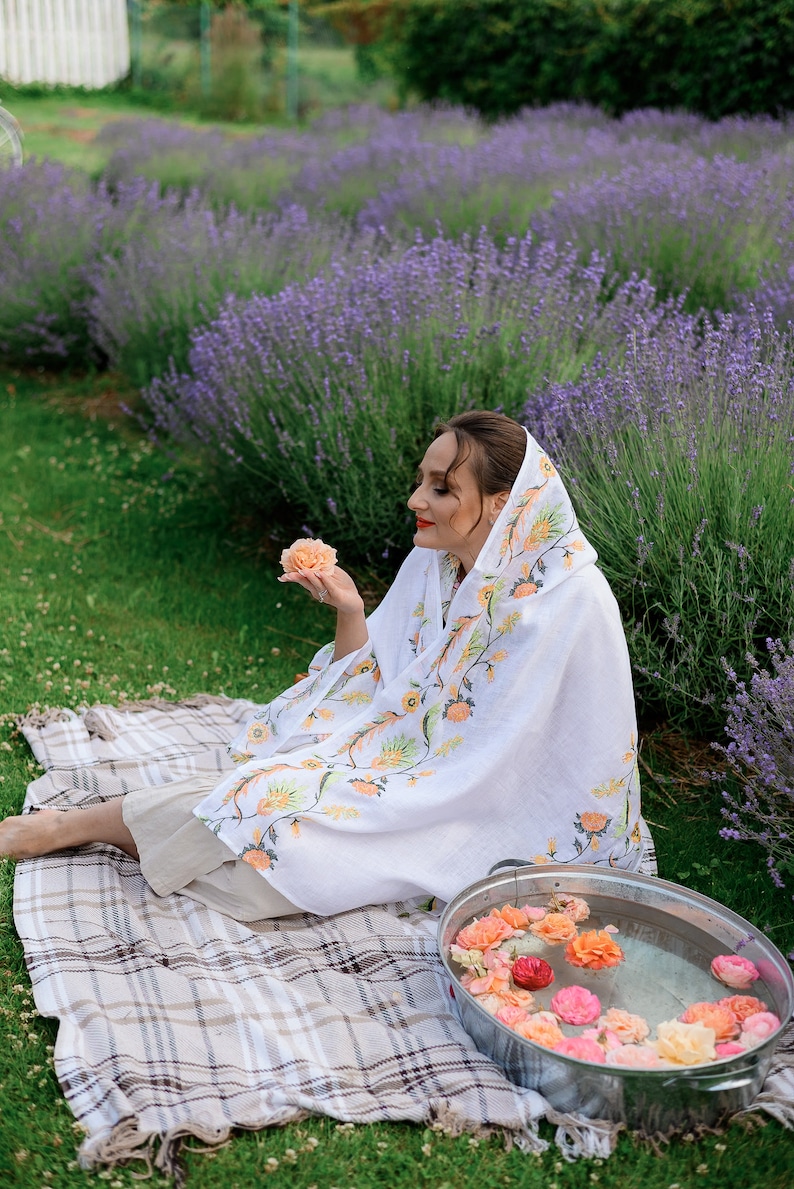 Linen Shawl with Floral Embroidery – White Embroidered Scarf with Peach Flowers, Folk Botanical Wrap
