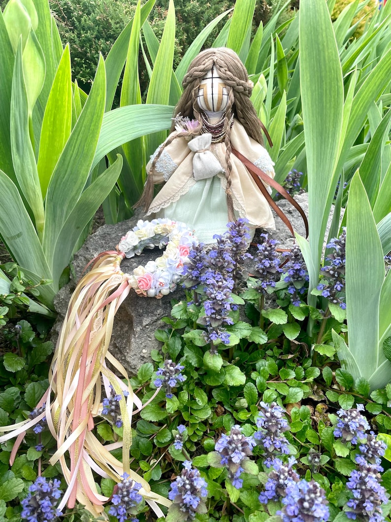 Handmade Ukrainian motanka doll for marriage wish with floral crown