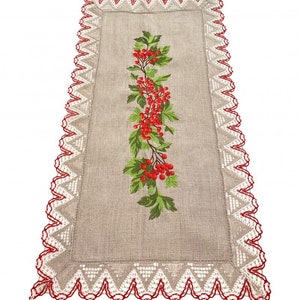 Linen Table Runner with Embroidered Red Berries and Crochet Lace