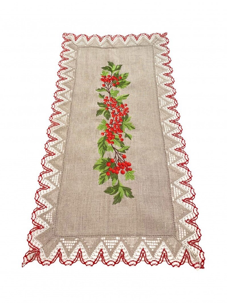 Linen Table Runner with Embroidered Red Berries and Crochet Lace