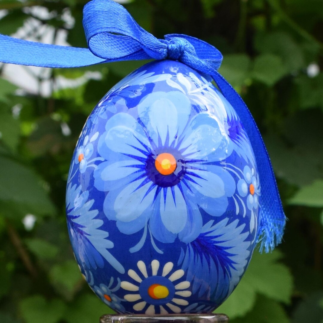 Hand Painted Blue Wooden Easter Egg Ornament With Ribbon, Ukrainian ...