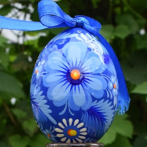 Hand painted blue wooden Easter egg ornament with ribbon, Ukrainian folk floral pysanka style hanging spring decoration gift keepsake