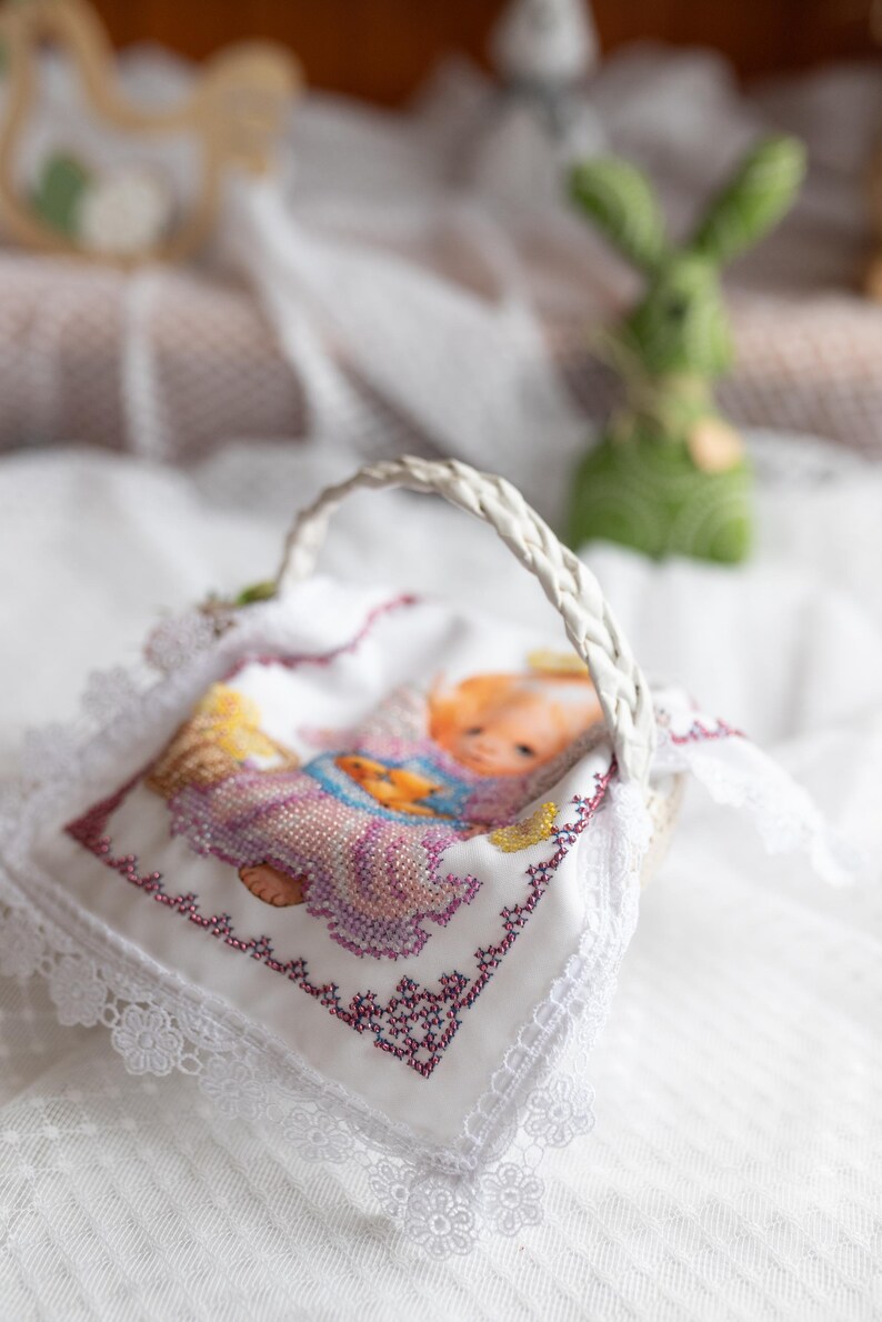 Easter Basket cover with beaded angel design