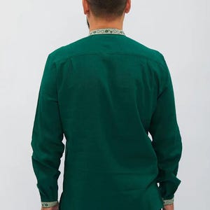 Men’s Green Ukrainian Embroidered Vyshyvanka Shirt, Long Sleeve Linen Folk Top with Light Green Floral Pattern, Tassel Tie Collar and Cuffs
