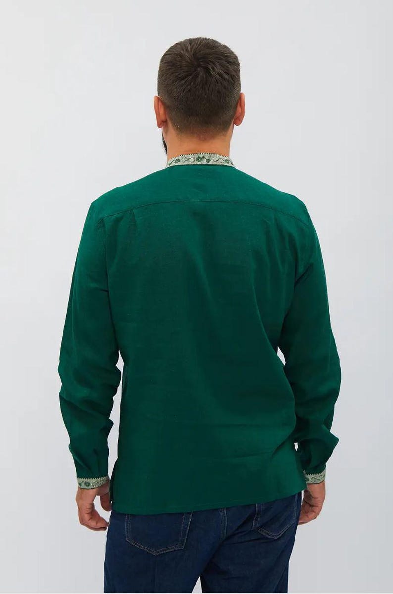Men’s Green Ukrainian Embroidered Vyshyvanka Shirt, Long Sleeve Linen Folk Top with Light Green Floral Pattern, Tassel Tie Collar and Cuffs