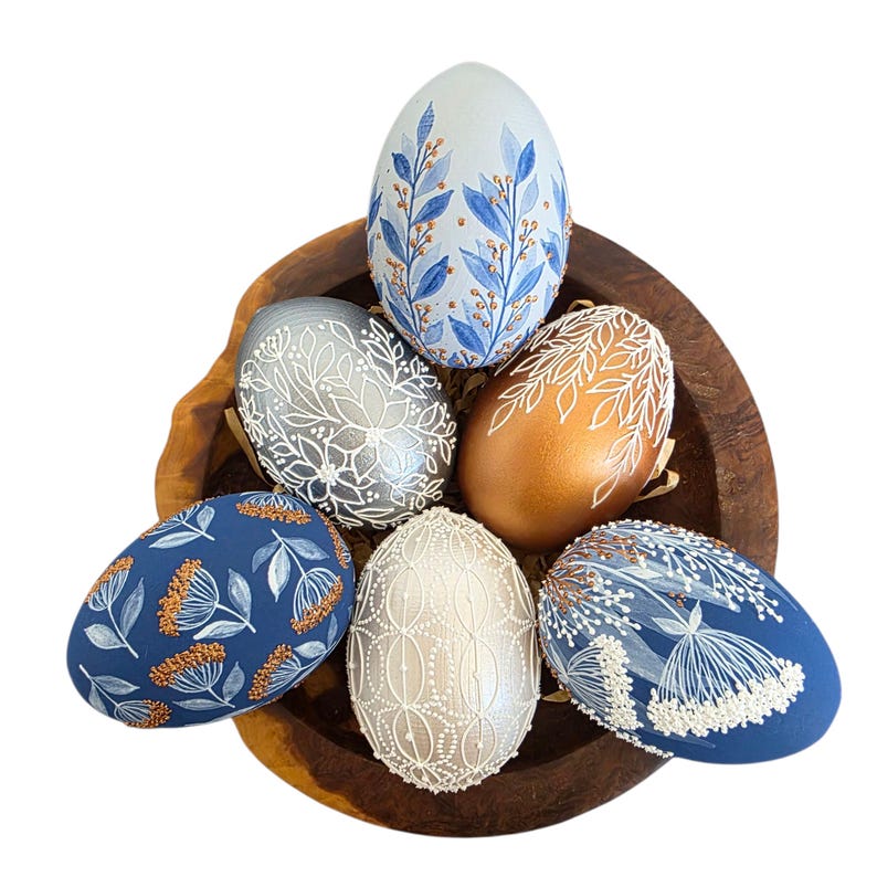 Hand painted decorative eggs set, Blue botanical Easter decor, Handmade spring table accent, Artisan holiday home decoration
