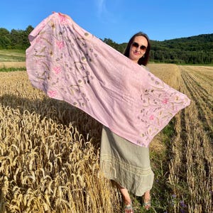Light pink linen scarf with wildflower embroidery for women