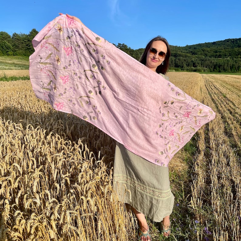 Light pink linen scarf with wildflower embroidery for women