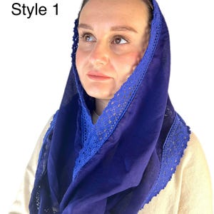 May include: A royal blue head covering with a blue lace trim. The head covering is made of a soft, lightweight fabric. Style 1.
