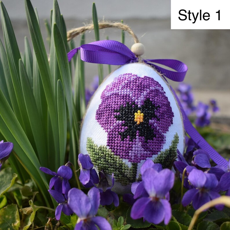 Handmade embroidered pansy Easter egg ornament