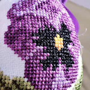 Handmade embroidered pansy Easter egg ornament
