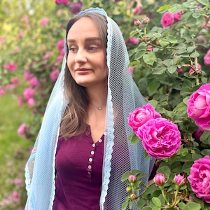 Sky-blue mesh mantilla veil