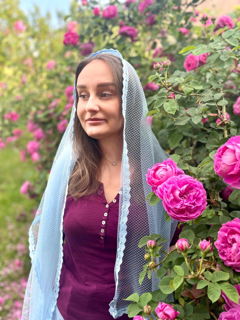 Sky-blue mesh mantilla veil