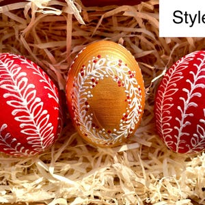 Set of 3 Ukrainian pysanky eggs, Hand painted Easter eggs, Red & gold Easter decor, Traditional Easter egg set, Folk ornament gift
