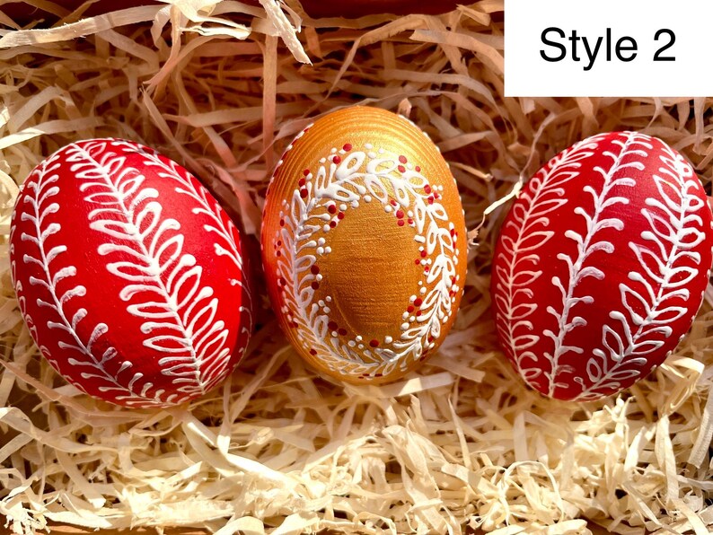 Set of 3 Ukrainian pysanky eggs, Hand painted Easter eggs, Red & gold Easter decor, Traditional Easter egg set, Folk ornament gift