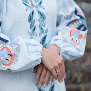 Light Blue Linen Embroidered Ukrainian Vyshyvanka Dress with Leaf Motifs, Tassel Belt and Front Slit – Boho Folk Midi with Balloon Sleeves
