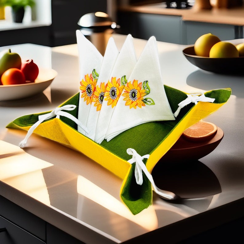 Sunflower Embroidered Linen Napkins Set with Bread Basket