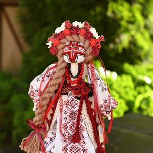 Handmade Ukrainian Motanka doll with embroidered face and traditional wreath, Collectible doll art, Unique decorative gift image 8